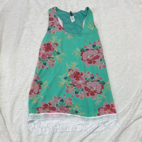 Green Floral Sleeveless Mini Dress with White Trim - Picture 1 of 6